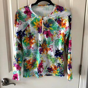 Athleta White Tropical Floral Half Zip Rash Gaurd